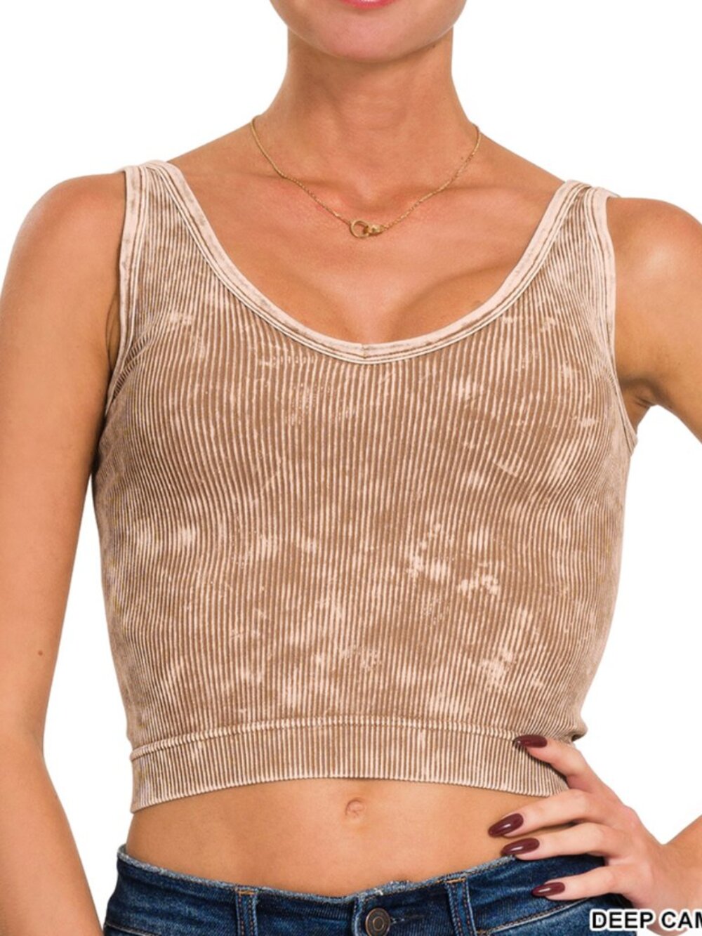 2-Way Neckline Washed Ribbed Seamless Tank Top in Deep Camel - Picture 2 of 2